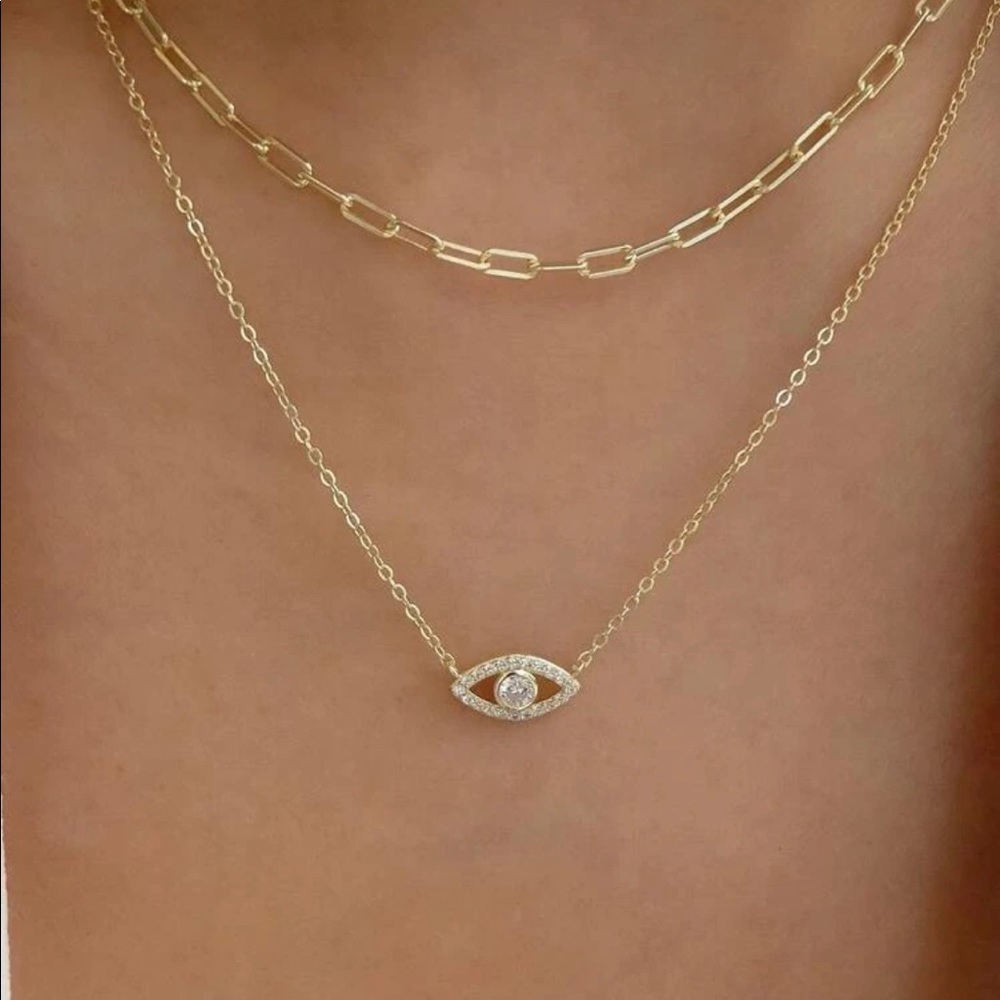 Gold Rhinestone Evil Eye Adjustable Linked Paperclip Chain Double Necklace